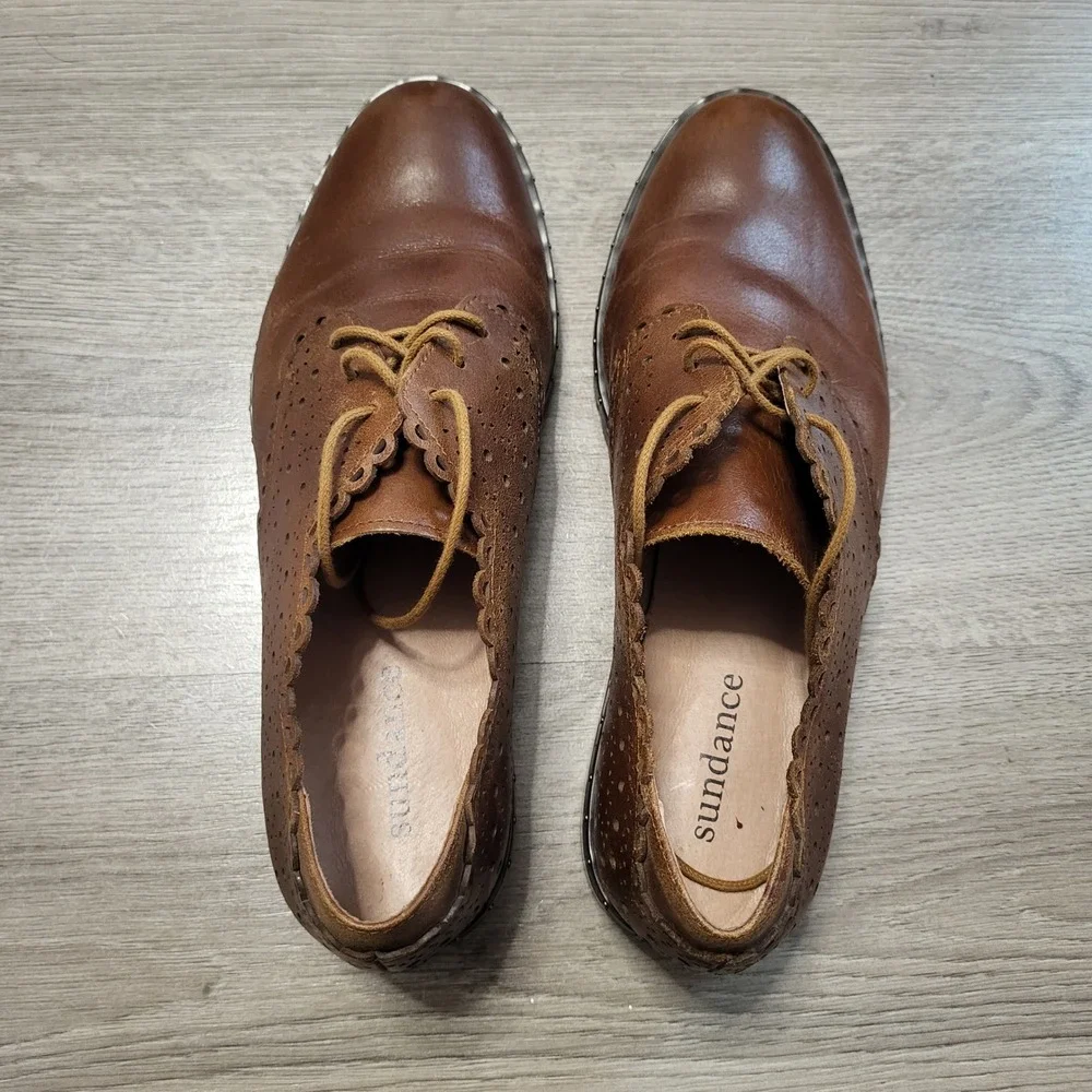 Sundance Brown Leather Scalloped Oxford Lug Sole Studded Shoes EU size 41 US 10
